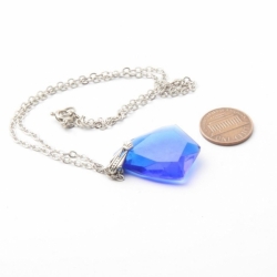 Vintage Czech silver chain necklace blue shield glass pendant