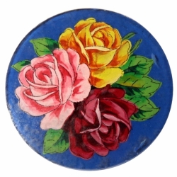 Large 42mm vintage Czech reverse painted rose bouquet blue glass cabochon