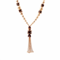 Vintage Czech tassle chain necklace faux pearl overlay lampwork brown glass beads