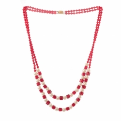 Vintage Czech 2 strand necklace faux pearl ruby red bicone cube glass beads
