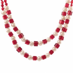 Vintage Czech 2 strand necklace faux pearl ruby red bicone cube glass beads