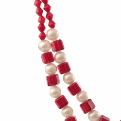 Vintage Czech 2 strand necklace faux pearl ruby red bicone cube glass beads