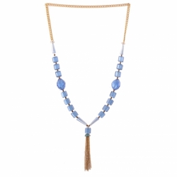Vintage Czech gold chain tassle necklace sapphire blue hand faceted glass beads