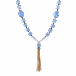Vintage Czech gold chain tassle necklace sapphire blue hand faceted glass beads