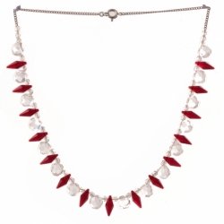Vintage Czech silver chain necklace crystal pendant ruby red bicone teeth glass beads