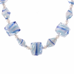 Vintage Czech necklace element rare crystal cased blue white satin bicolor faceted glass beads