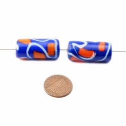 Lot (2) 30mm vintage Czech lampwork white orange abstract blue cylinder glass beads