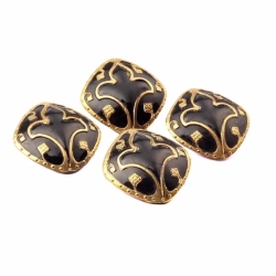 Lot (4) 24mm Czech Nouveau antique gold luster fleur de lys square black glass buttons