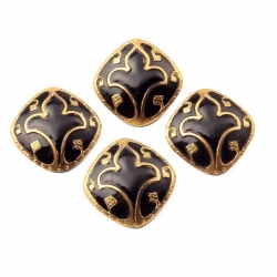 Lot (4) 24mm Czech Nouveau antique gold luster fleur de lys square black glass buttons