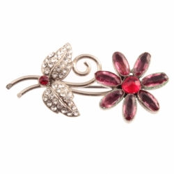 Vintage handcrafted flower pin brooch crystal clear red pink glass rhinestones signed Czechoslovakia