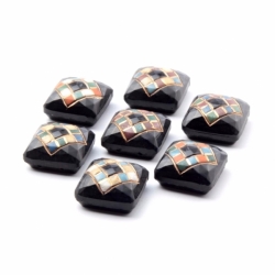 Lot (7) 18mm Czech antique geometric hand painted 2 hole black glass beads