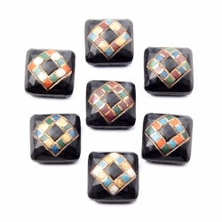 Lot (7) 18mm Czech antique geometric hand painted 2 hole black glass beads