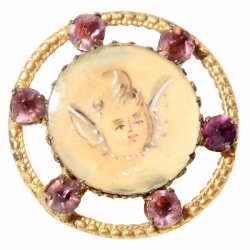 22mm Bohemian Victorian gold tone rhinestone hand painted cherub glass cabochon button