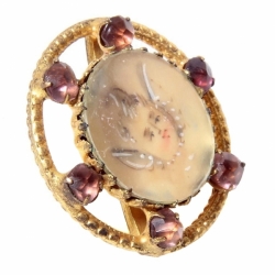 22mm Bohemian Victorian gold tone rhinestone hand painted cherub glass cabochon button