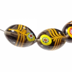 Lot (3) 24mm vintage Czech yellow feather marble millefiori flower lampwork oval glass beads