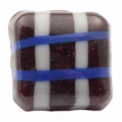 11mm Antique Czech lampwork blue white check stripe black glass dimi square button 