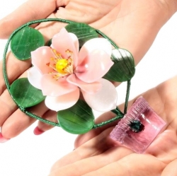 Vintage Czech lampwork Art Glass pink flower arch aqua blue pot decoration ornament
