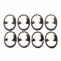 Lot (8) 21mm Czech vintage black colored pictorial white Roman cameo glass cabochons