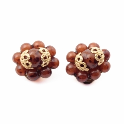 Pair Czech vintage brown marbled glass beaded cluster clip earrings