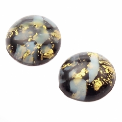 Lot (2) 15mm Czech vintage foil white satin marbled under crystal black glass cabochons