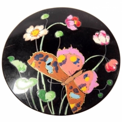 Antique Victorian floral butterfly hand painted jet black glass jewelry element