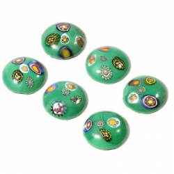 Lot (6) 16mm Czech vintage millefiori green marbled round glass cabochons