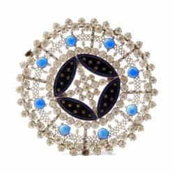 Large Czech Victorian guilloche enamel crystal glass rhinestone sew on brooch