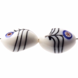 Lot (2) 22mm vintage Czech lampwork blue millefiori feathered white art glass beads