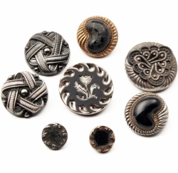Collection (8) Vintage Czech mixed gold silver lustre ornate black glass buttons