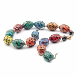 Lot (14) 18mm Czech vintage lampwork metallic abstract overlay oval glass beads