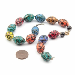 Lot (14) 18mm Czech vintage lampwork metallic abstract overlay oval glass beads