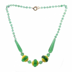 Vintage Czech necklace yellow uranium green teardrop English cut rondelle glass beads