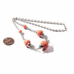 Vintage chrome necklace Bauhaus Art Deco galalith coral orange beads Jakob Bengel