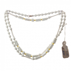 Vintage Czech necklace white round ribbed rectangle bugle glass beads