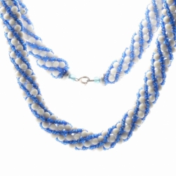 Vintage Czech knitted twist necklace white round sapphire blue seed glass beads