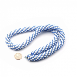 Vintage Czech knitted twist necklace white round sapphire blue seed glass beads