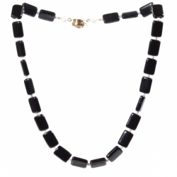 Vintage necklace Czech black rectangle white seed glass beads rose flower clasp