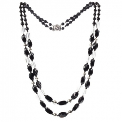 Vintage 2 strand necklace Czech clear oval black round twist oval glass beads