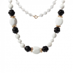 Vintage beaded necklace Czech white round oval black spiral nugget glass beads