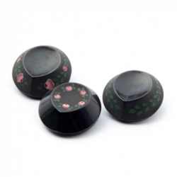 Lot (3) 23mm Czech antique Victorian floral hand painted black glass buttons