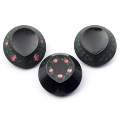 Lot (3) 23mm Czech antique Victorian floral hand painted black glass buttons