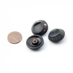 Lot (3) 23mm Czech antique Victorian floral hand painted black glass buttons