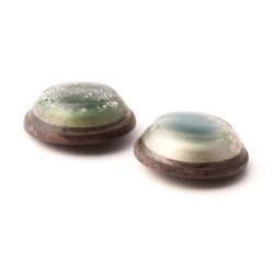 Lot (2) antique Czech 2 part brass mounted reverse metallic painted glass buttons