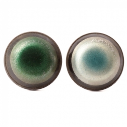 Lot (2) antique Czech 2 part brass mounted reverse metallic painted glass buttons