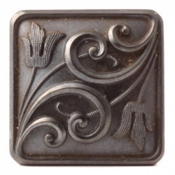 Antique Victorian Czech floral scroll square black lustre glass button 20mm
