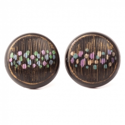 Lot (2) Antique Victorian Czech iridescent metallic gilt hand painted black glass buttons 27mm