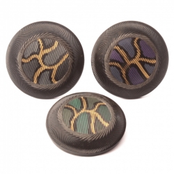 Lot (3) Antique Victorian Czech iridescent metallic abstract hand painted black glass buttons 27mm