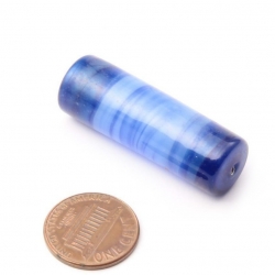 40mm Vintage Czech lampwork blue satin striped spun cylinder glass bead