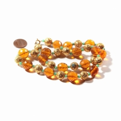 Vintage necklace Czech topaz amber Art Deco glass beads gold metal ball beads