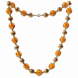 Vintage necklace Czech topaz amber Art Deco glass beads gold metal ball beads